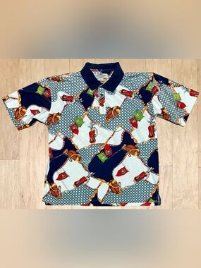 VTG 90s Cotton Mill All Over Print AOP Golf Polo Blue Multicolor Men’s Medium